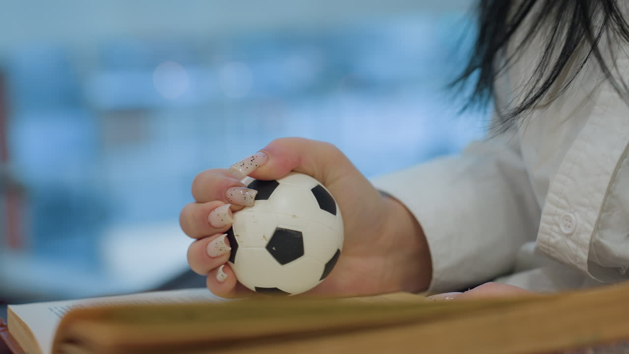Close up of person with long nails holding open book while firmly squeezing stress ball shaped like soccer ball, wearing white shirt, with soft blur background suggesting calm indoor environment
