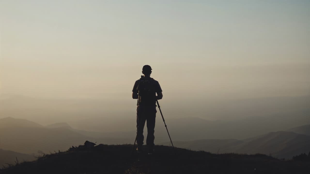 Tweaking hiker on ridge framing dawn light arriving over hazy valley, angling tripod cam, cap pack
