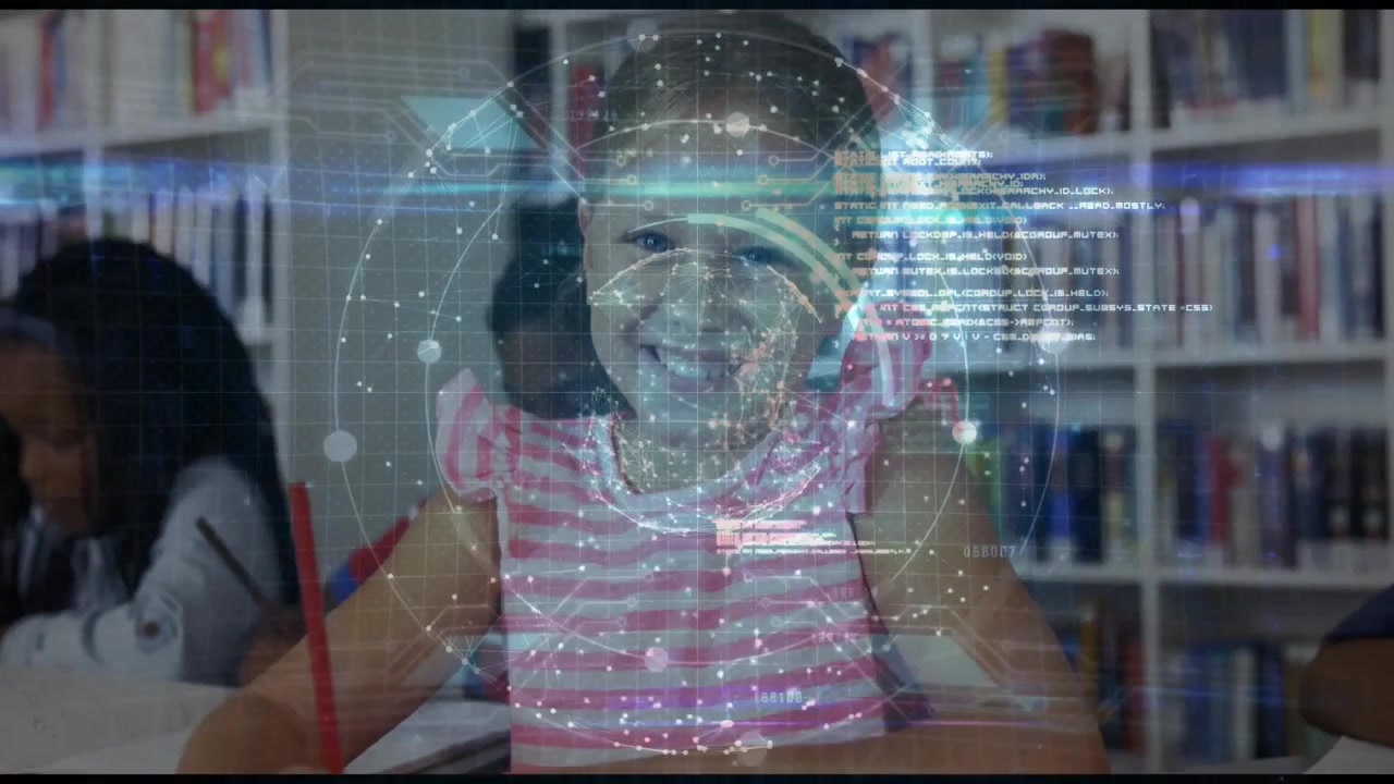 Child writing with red pencil, initiating overlay swirling forming globe around face for education