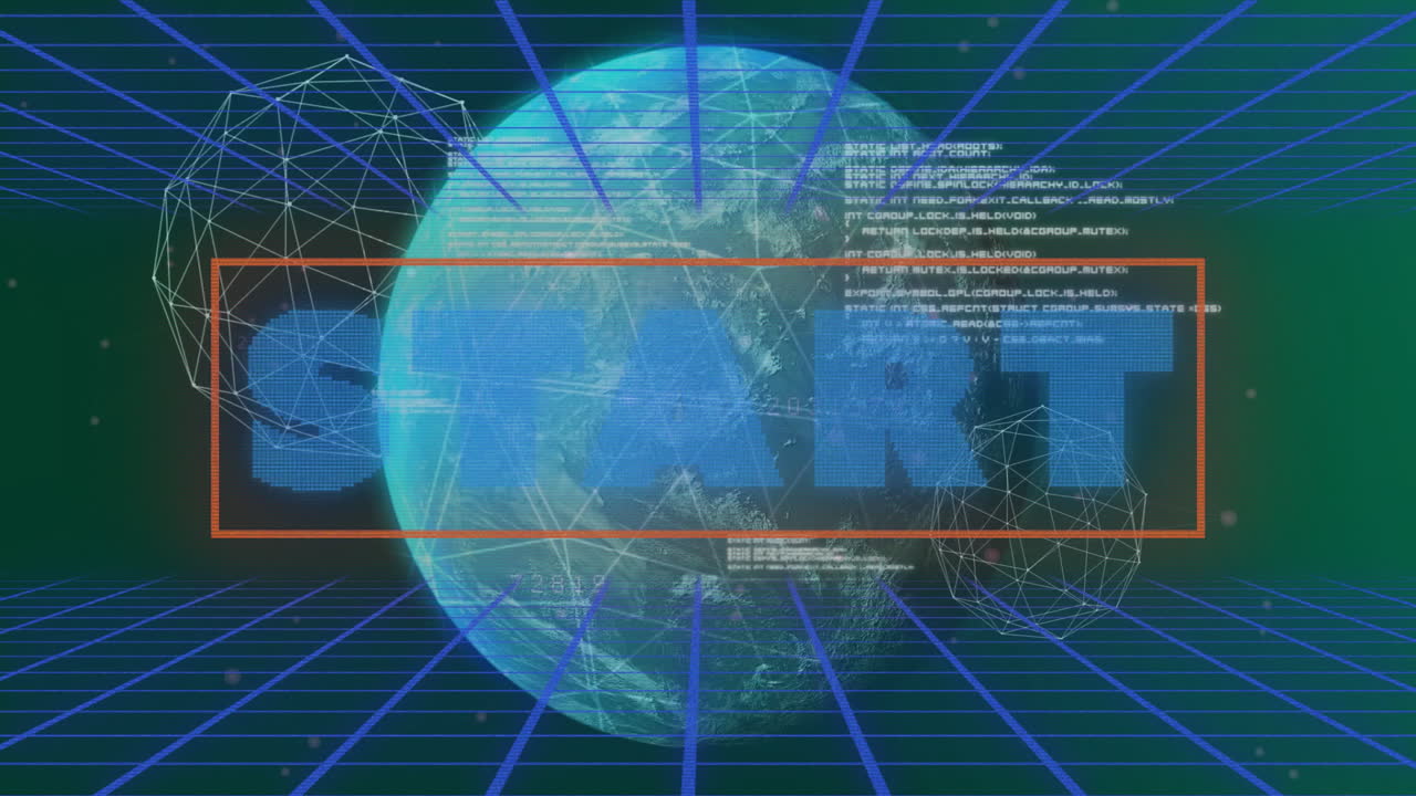 Animation of digital grid with START text on globe, futuristic technology concept