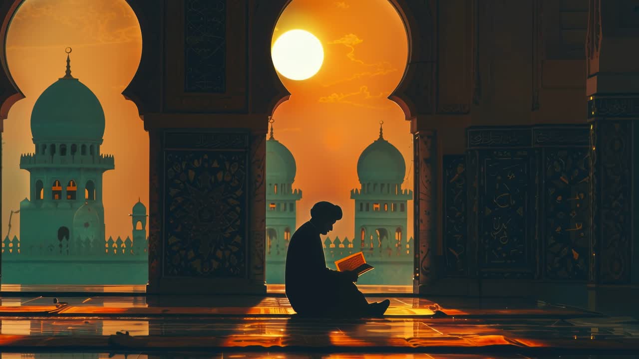 Silhouette di una persona che legge in una moschea al tramonto, angolo basso, stile video cinematografico