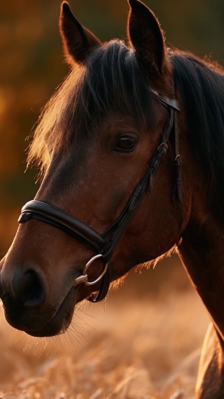 Un Primo Piano di un Maestoso Cavallo nella Calda Luce della Sera, Che Evidenzia il Suo Manto Lucido e i Lineamenti Aggraziati in Mezzo a un Campo d'Erba Dorato