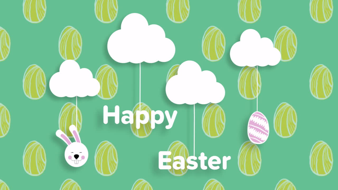 Happy Easter text with bunny, clouds, and egg animation over green background