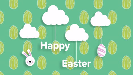 happy easter text with bunny, clouds, and egg animation over green background