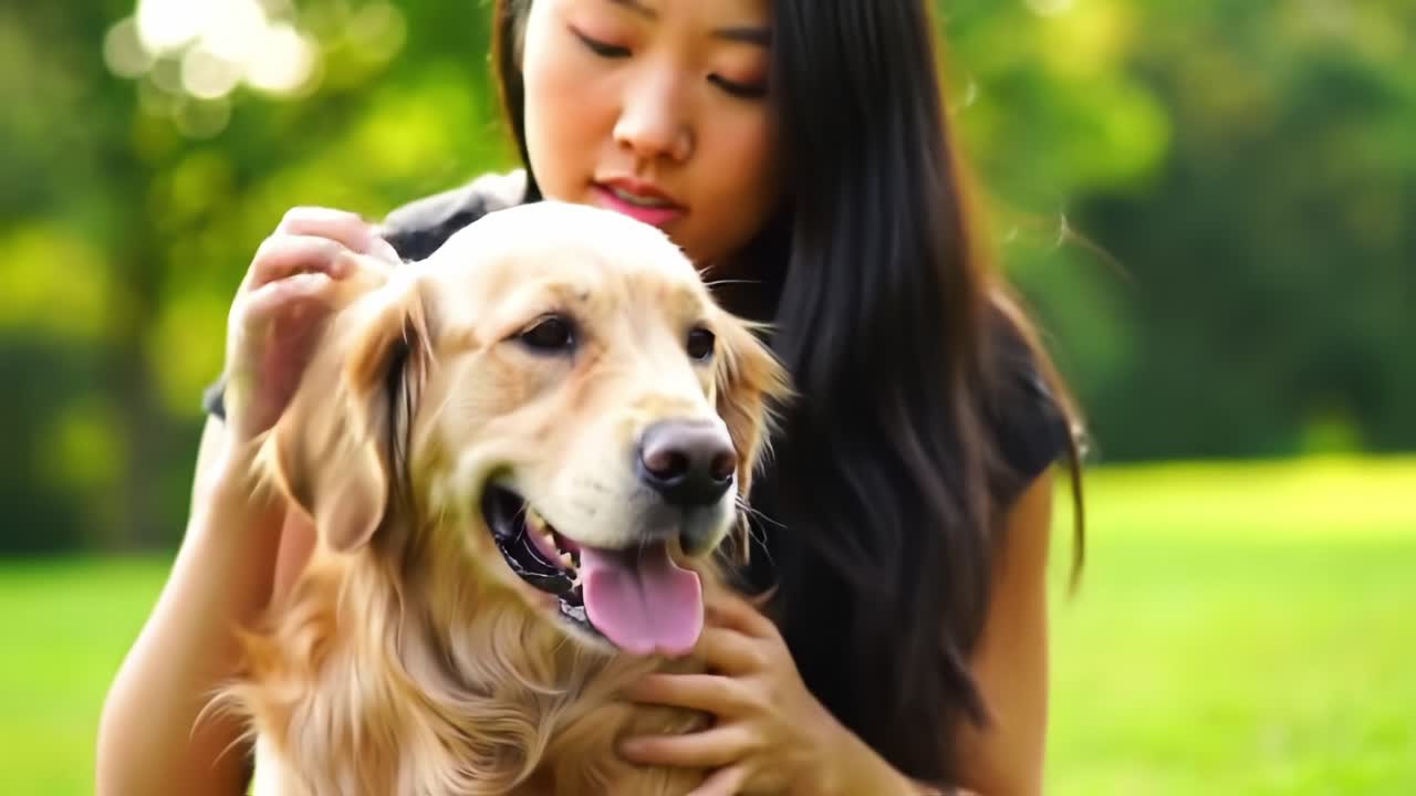 A Young Woman Enjoys Quality Time with Her Playful Golden Retriever, Emphasizing the Bond between Humans and Pets in Nature's Embrace