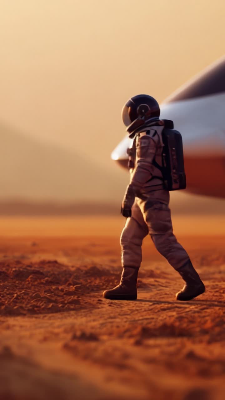 Samotny astronauta stoi na odległej planecie, wpatrując się w swój statek kosmiczny o zmierzchu fikcyjnego krajobrazu, podkreślając eksplorację i samotność w podróżach kosmicznych.