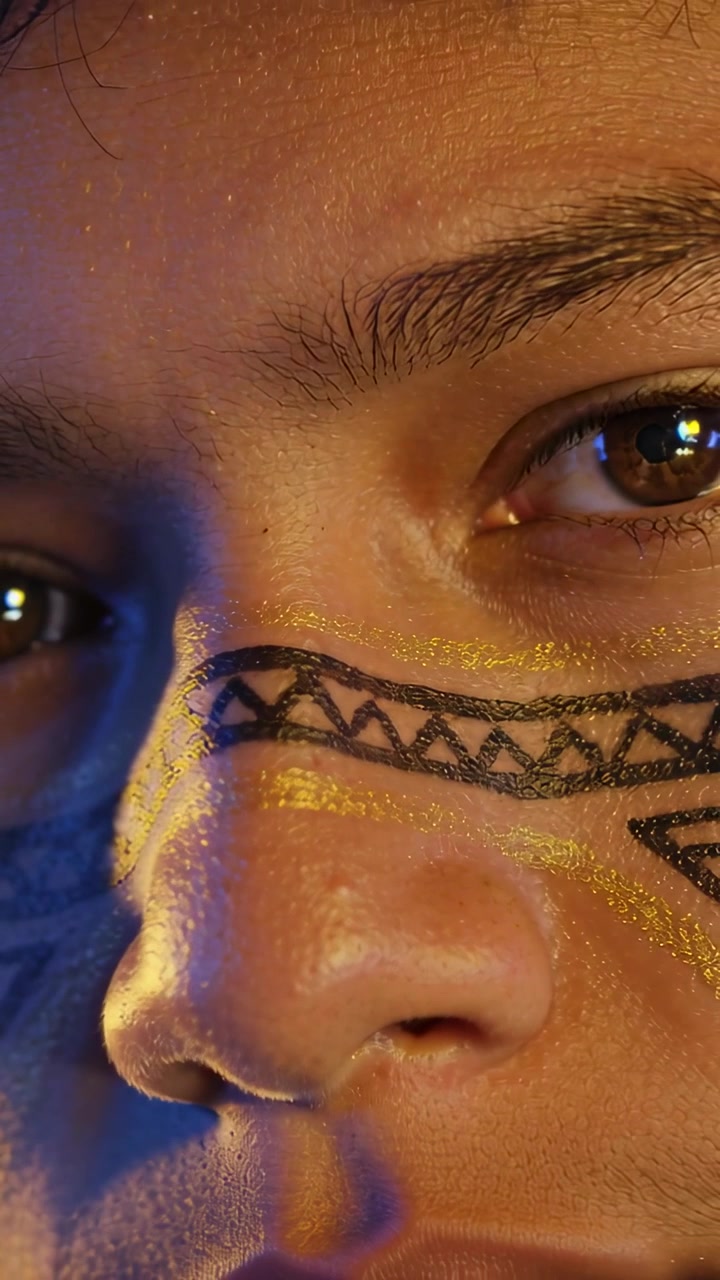 Vertikales Video: Kamera zieht sich zurück, Model hält den Blick, Studio enthüllt schwarzes Band, goldene Linien glänzen.