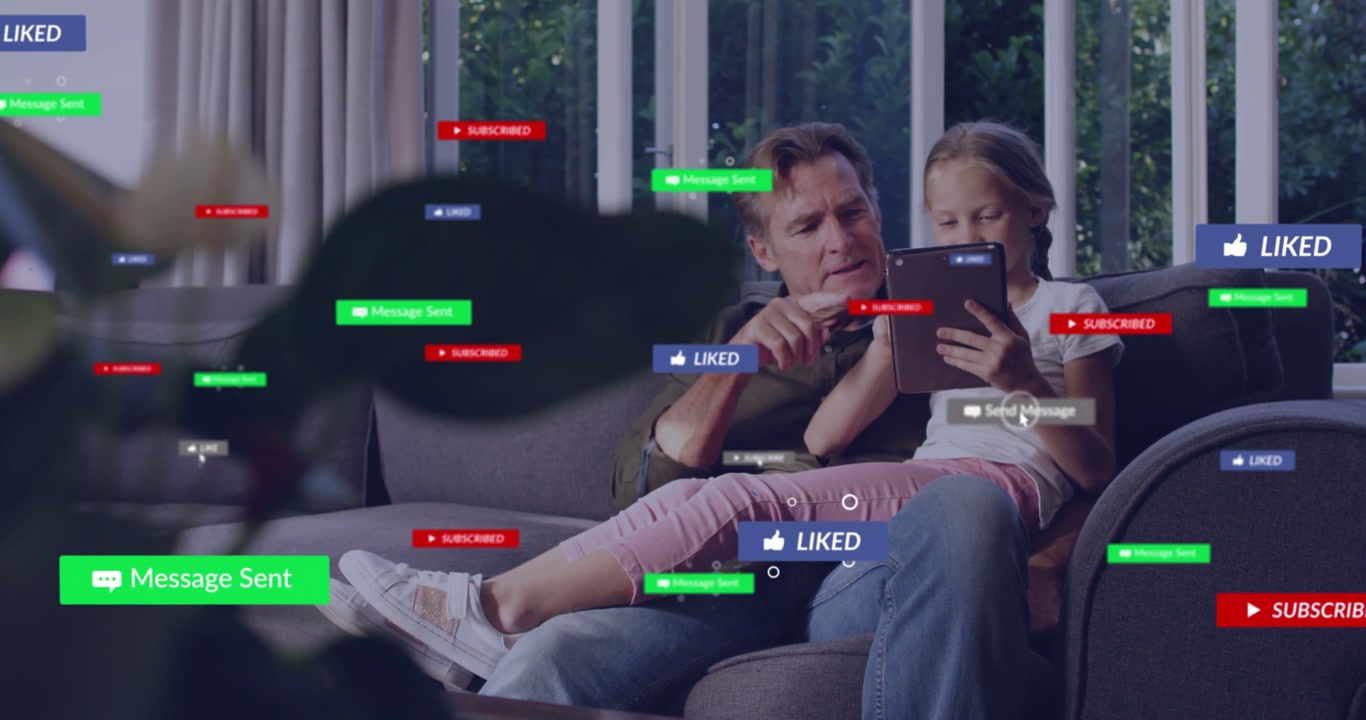 Child tapping tablet, parent leaning, pointing, badges appearing then dispersing, showing feedback