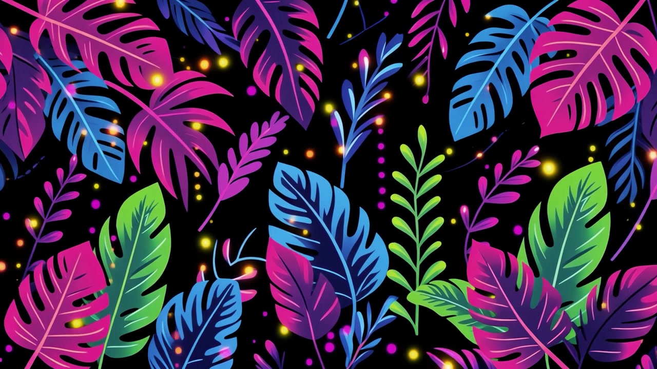 Animated Tropical Leaves with Glowing Neon Lights Background