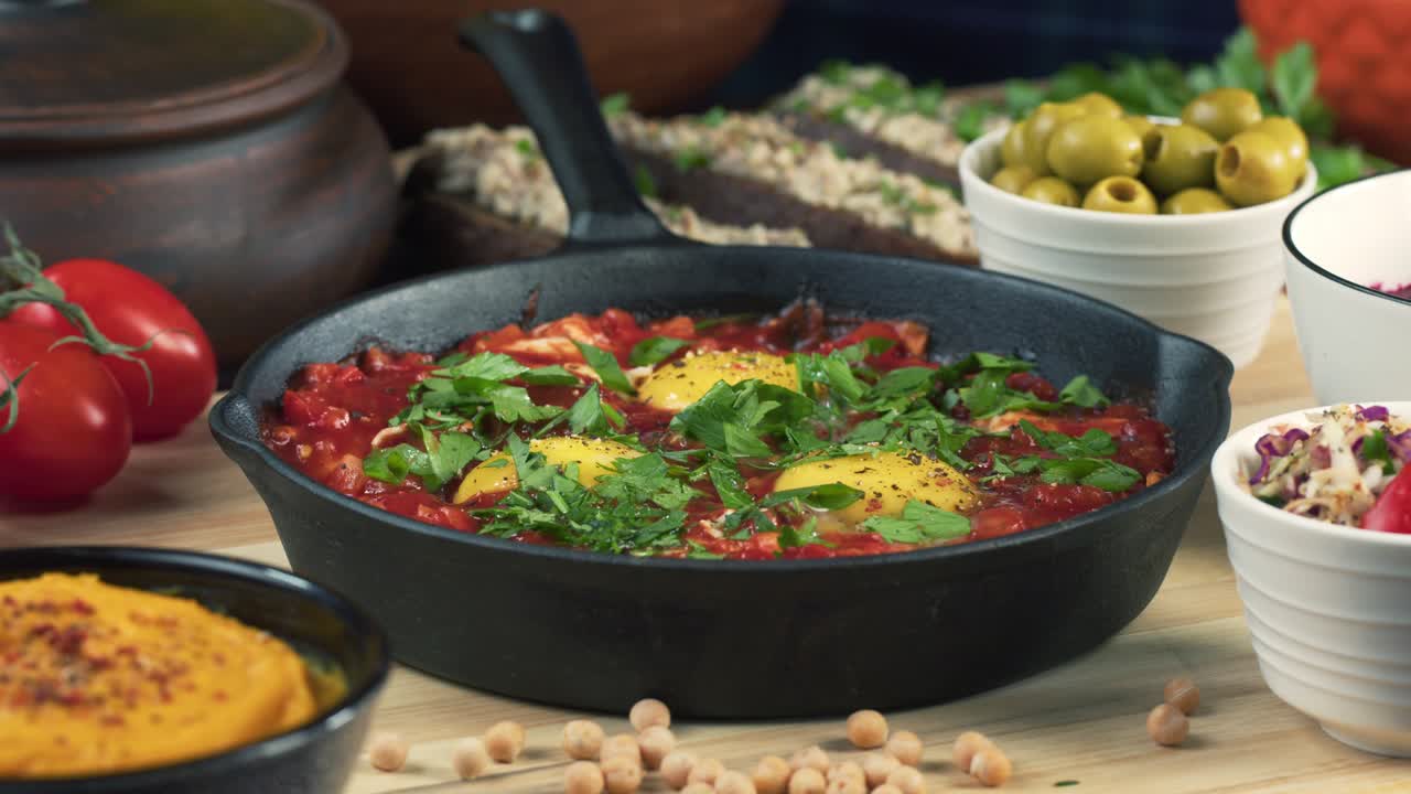 cocina israelí. manos poniendo shakshuka decorada con perejil de primer plano. plato nacional judío hecho de huevos fritos en salsa de tomate, pimientos picantes, cebollas y especias, cultura de oriente medio