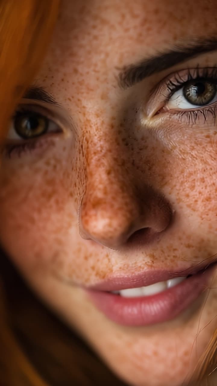 Un primo piano accattivante di un viso lentigginoso, che evidenzia bellissimi occhi verdi e labbra morbide, enfatizzando perfettamente la bellezza naturale e i tratti espressivi
