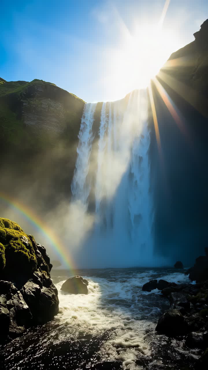 Stunning Skogafoss Waterfall with Rainbow and Sunbeams