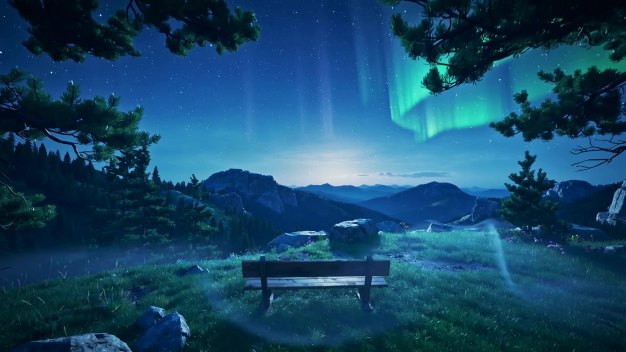 Panoramica della telecamera che rivela una panchina a un belvedere montano, di notte, mentre l'aurora si intensifica e la nebbia sale.