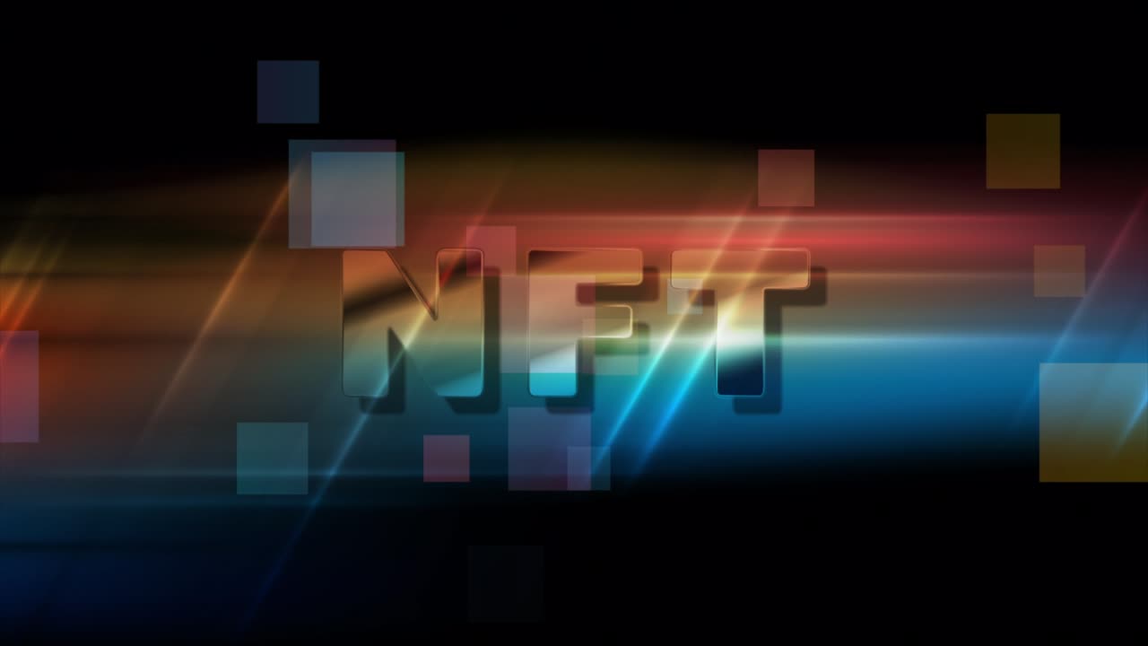 Colorful glowing non fungible token NFT hi-tech motion background