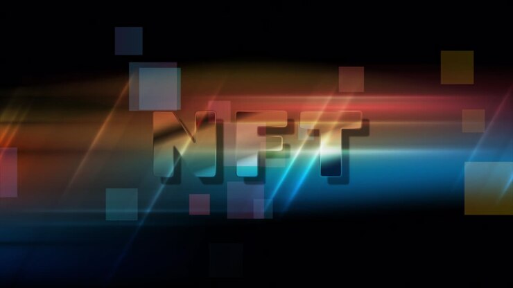 Sfondo animato hi-tech con token non fungibile NFT luminoso e colorato.