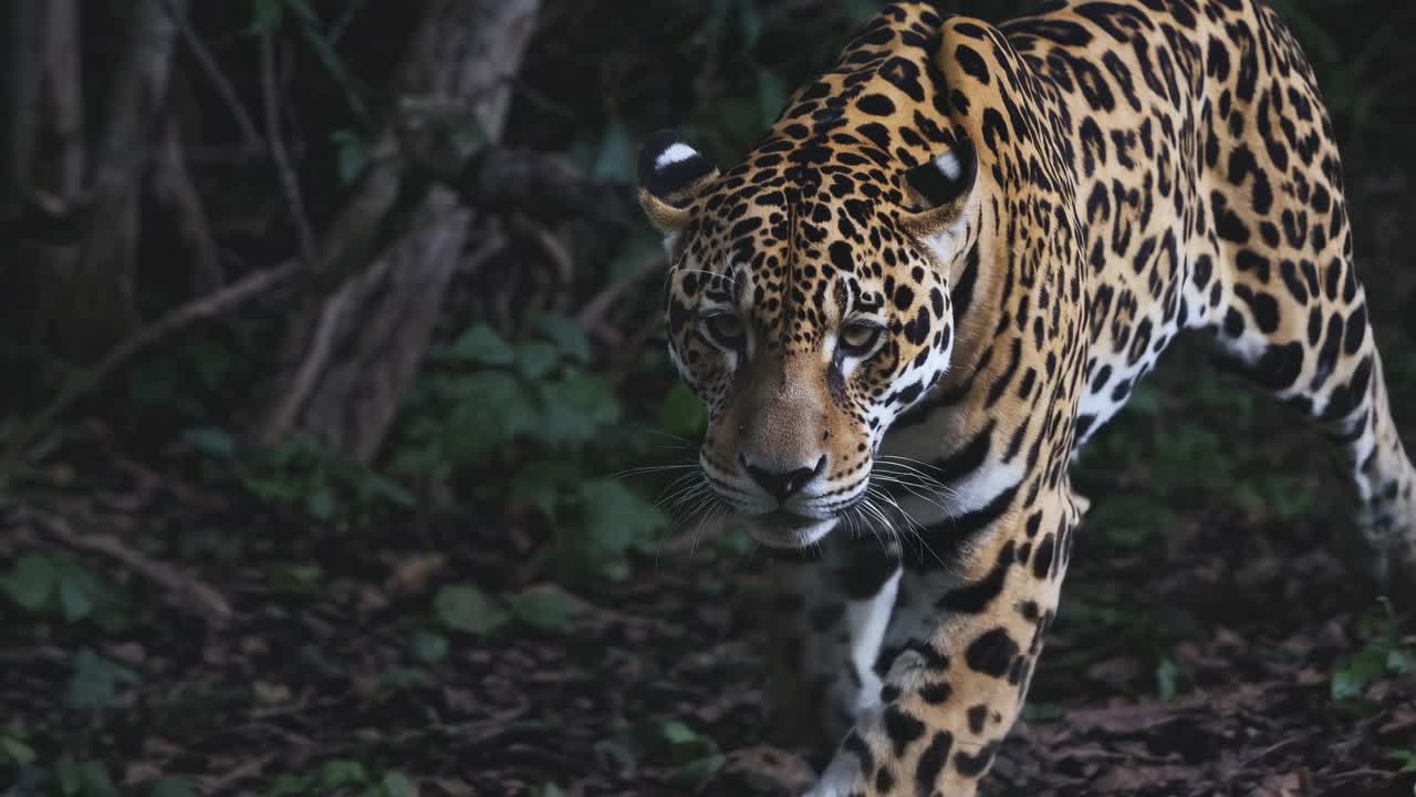 A jaguar prowls through dense jungle foliage, captured in a low-angle shot video