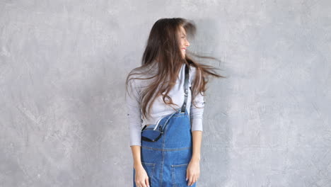 happy woman in overalls