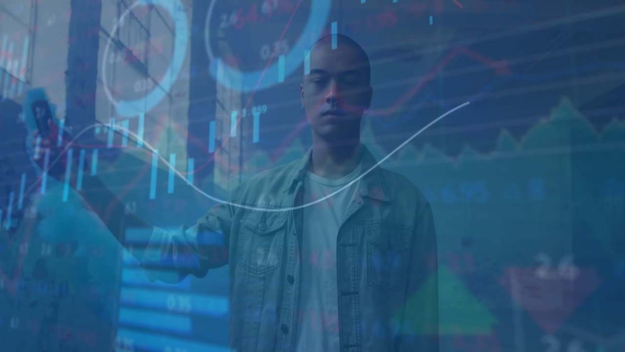 Animation of graphs, loading circles and trading board over walking with smoke bomb