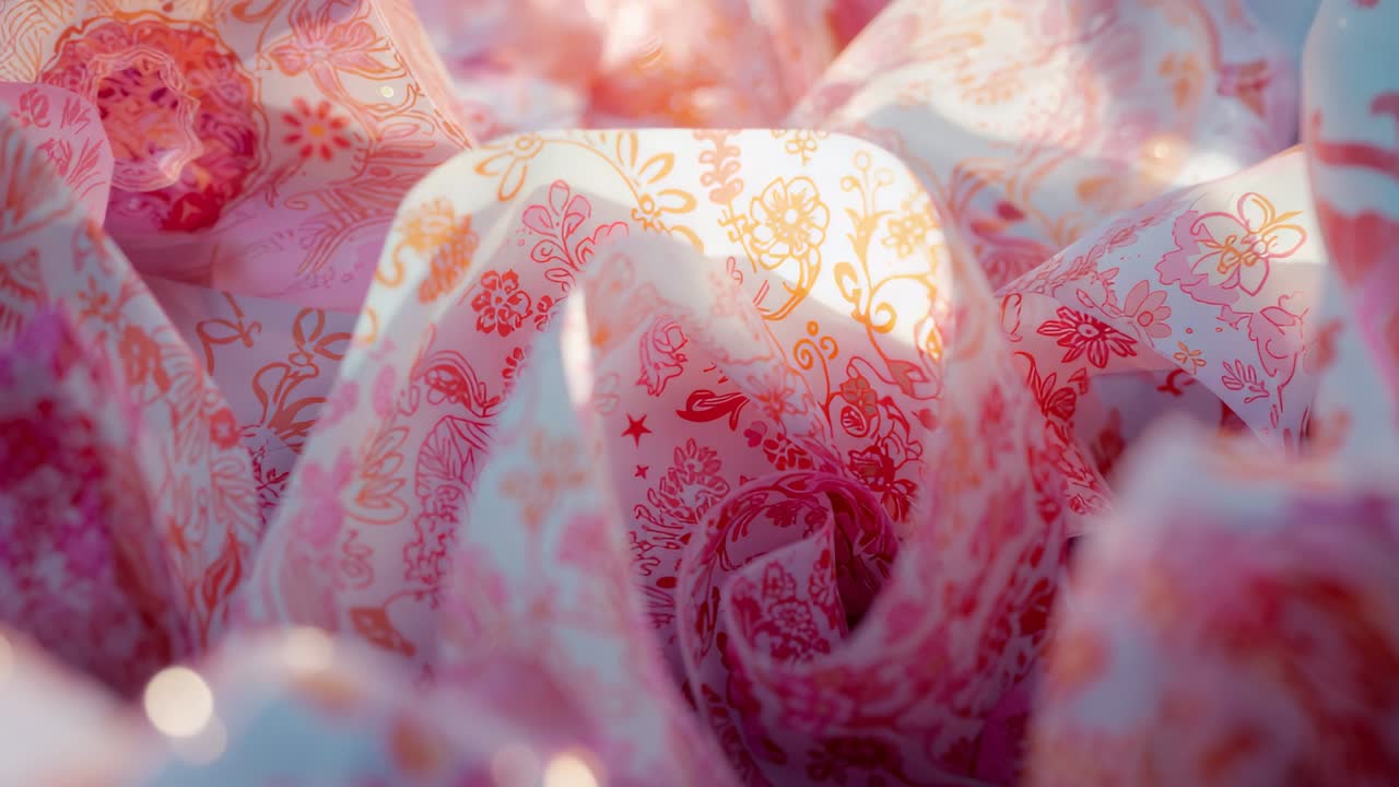 Displaying fabric fold undulating in digital scene with pink gold floral motif and specular glints