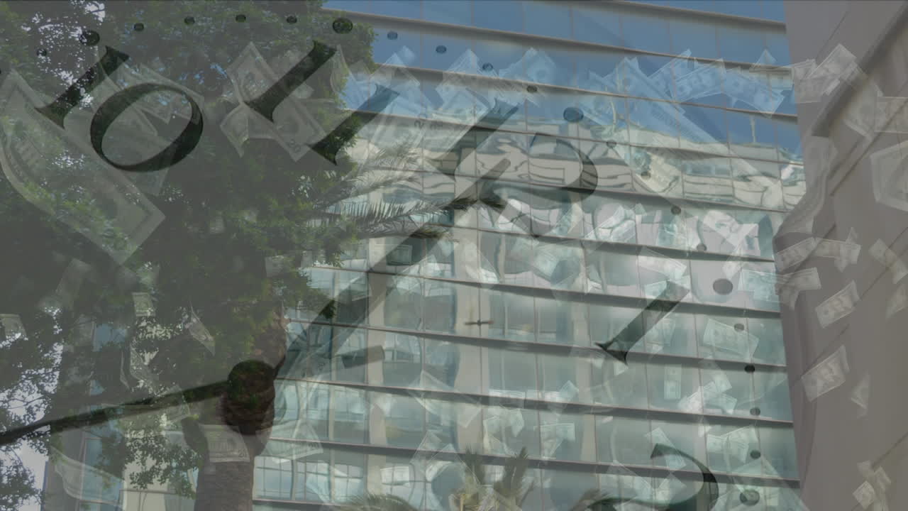 낮은 각도로 떨어지는 미국 달러 지폐와 함께 빠르게 움직이는 시계의 애니메이션