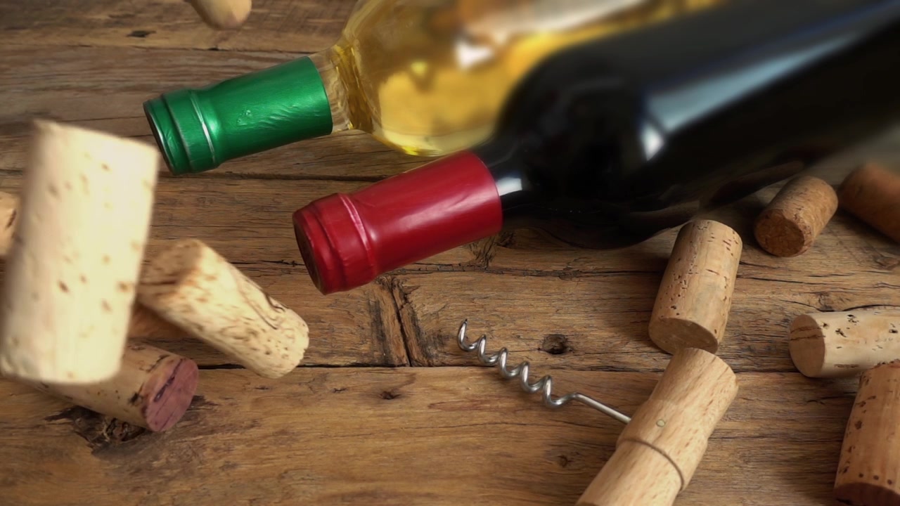 Bottiglie di vino su una vecchia tavola di legno vintage e tappi che cadono. Movimento rallentato