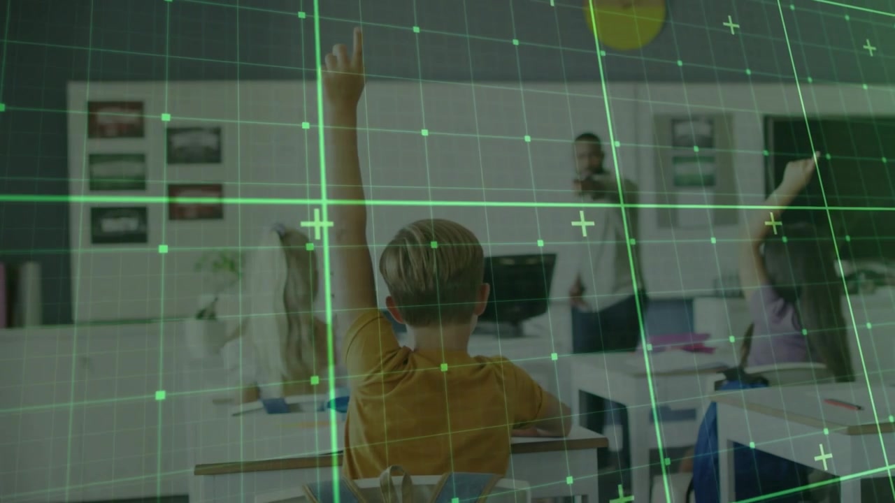 Child raising hand in classroom after teacher pointing, grid overlay drifting over students
