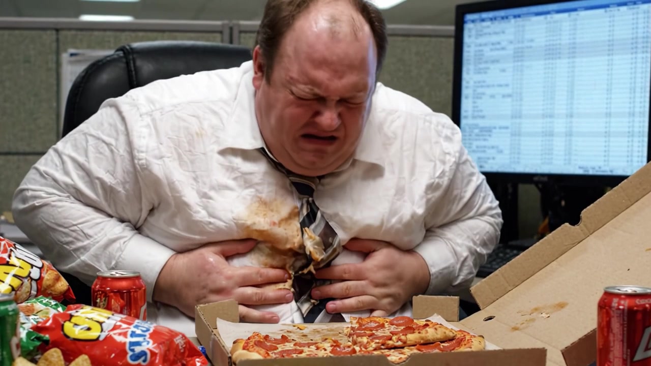 Un impiegato sopraffatto affronta le conseguenze di un'abbuffata di pizza in un ambiente di scrivania disordinato