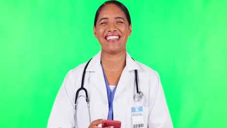 Phone,-woman-and-doctor-in-a-studio-with-green