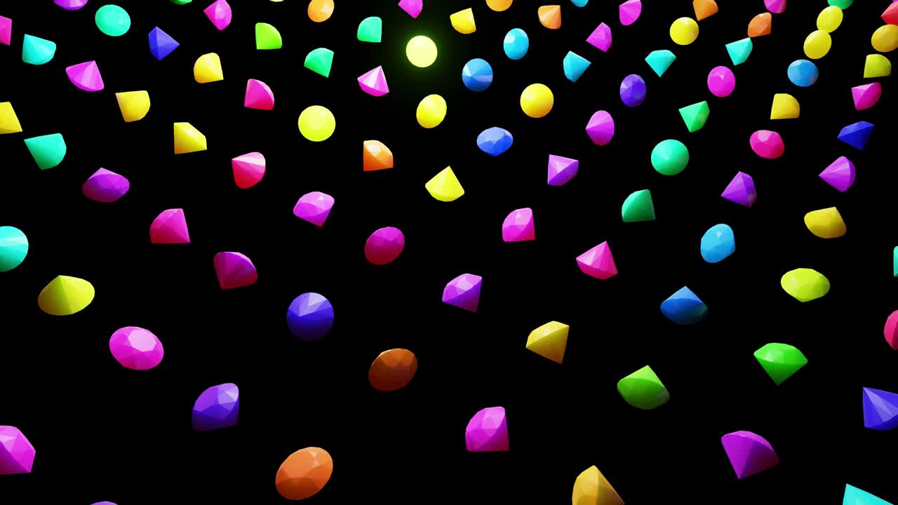비행기에 놓인 것처럼 공중에서 회전하는 다채로운 다이아몬드와 함께 추상적인 축제 배경 4k에서 아름다운 bg 루프 부드러운 wiggling 애니메이션, 3d 렌더링
