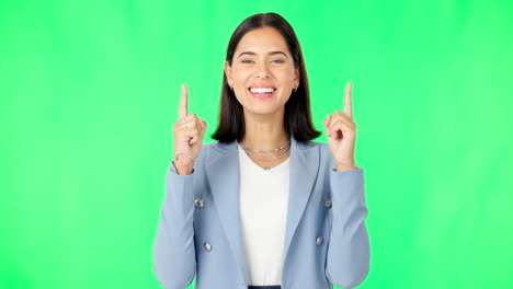 pantalla verde, negocios y rostro de mujer feliz