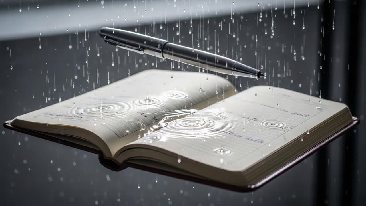 A Captivating Scene of a Pen and an Open Book Amidst Raindrops, Symbolizing Inspiration and Reflection in a Tranquil Atmosphere