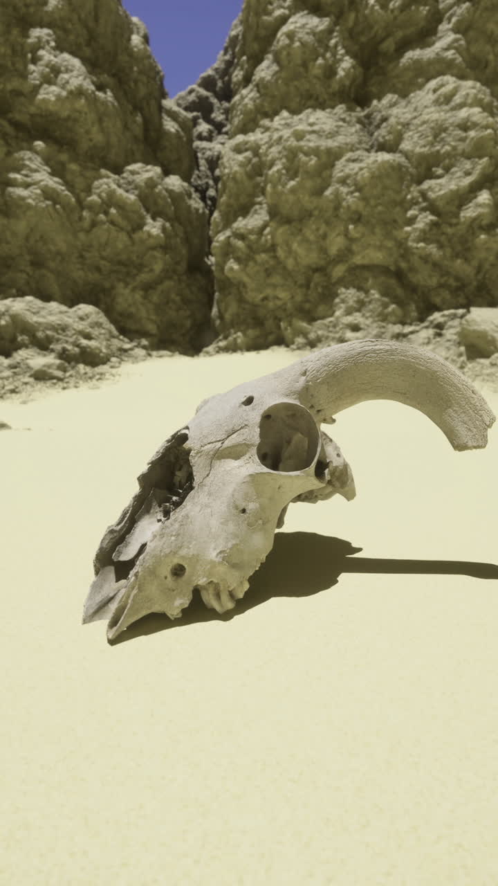 Animal skull rests on sandy ground between rocky formations in dry landscape