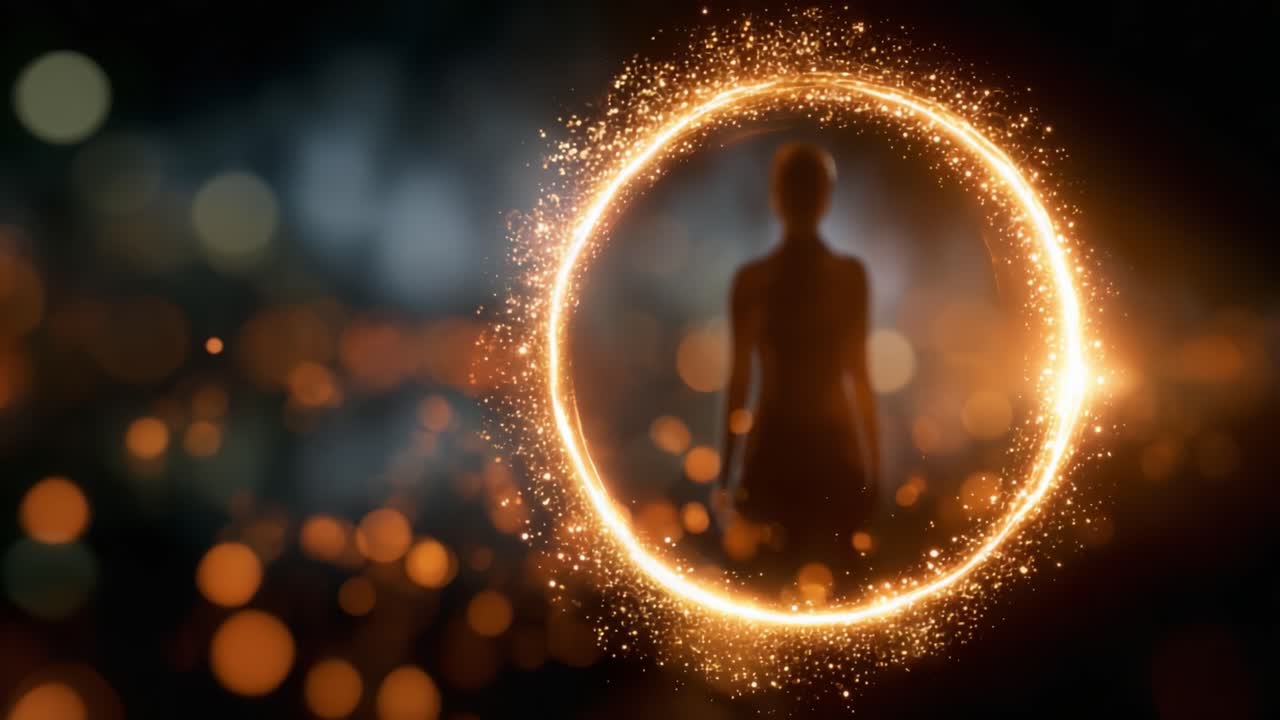 A serene silhouette of a person meditating within a glowing circular aura, surrounded by sparkling lights, creating a mystical atmosphere of tranquility and focus