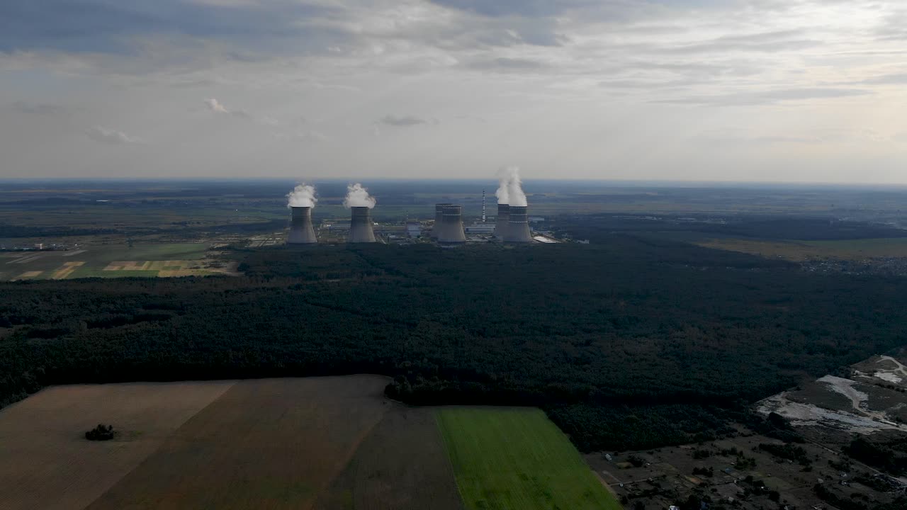 Aerial drone tracking shot of a nuclear power plant in Ukraine