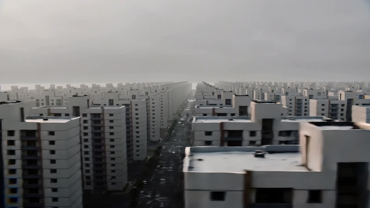 Drone en movimiento revelando torres idénticas a lo largo de una larga avenida con coches aparcados, mostrando una escala de cuadrícula