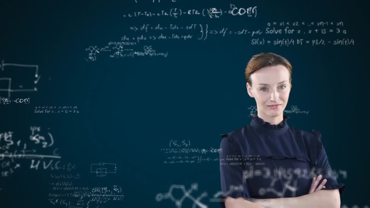 animazione di una donna caucasica sicura di sé dietro una lavagna con formule matematiche galleggianti
