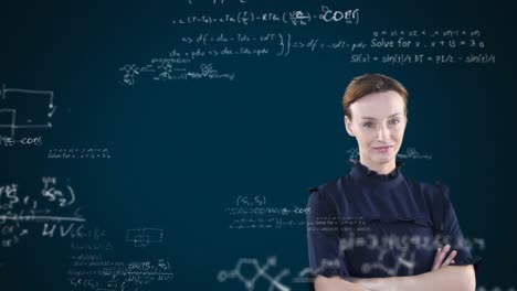 Animation of confident Caucasian woman behind a chalkboard with floating mathematics formulae