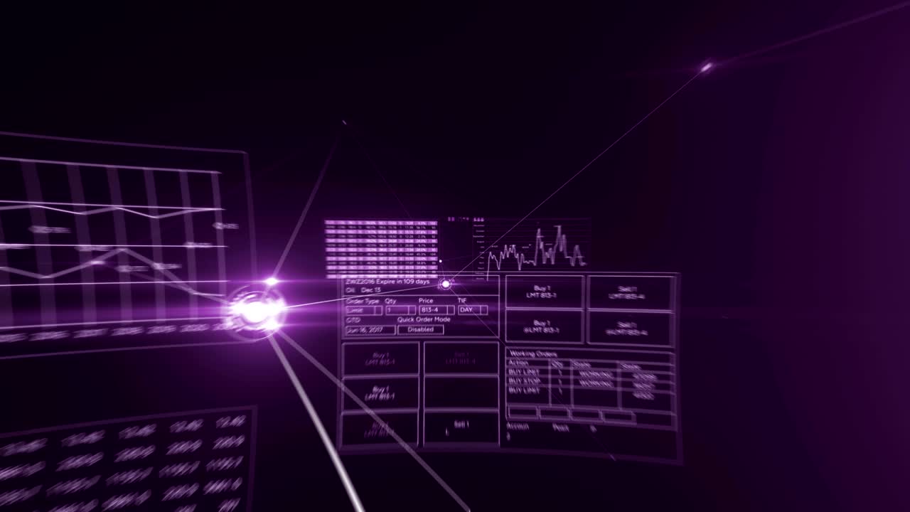 Flight Through Abstract Global Growing Business Network and Data Connections. Purple Looped 3d Animation with Lines, Dots and Running Flares. Business and Technology Concept.