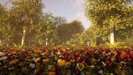 Frühlingswaldszene-Mit-Bunten-Blumen-Und-Schmetterlingen,-Die-Um-Die-Natürliche-Umwelt-Herumfliegen-3d-animation