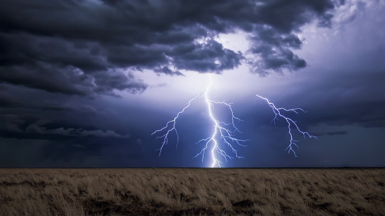 Lightning Striking a Field at Night