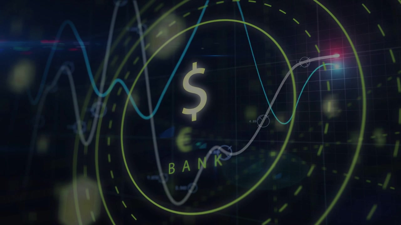 HUD-bankdisplay modtager live datafeed, animerer bølgeformsgrafer og pulserende markører.