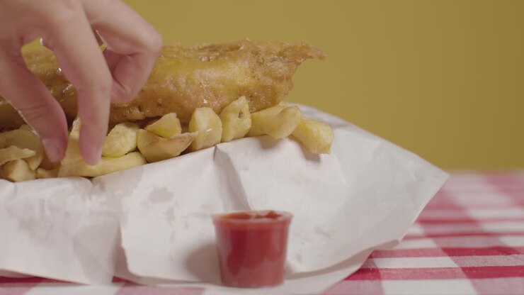 People Using Fingers To Eat Traditional British Takeaway Meal Of Fish And Chips With Vinegar