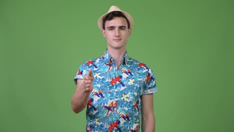 young handsome tourist man giving handshake