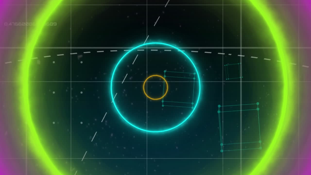 파란색 배경에 대한 원형 스캐너와 네온 원형 모양의 무 ⁇  패턴의 애니메이션