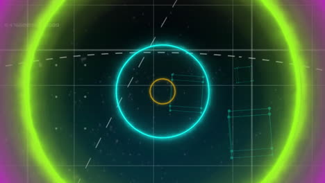 animación de escáneres redondos y formas circulares de neón en un patrón sin costuras contra un fondo azul
