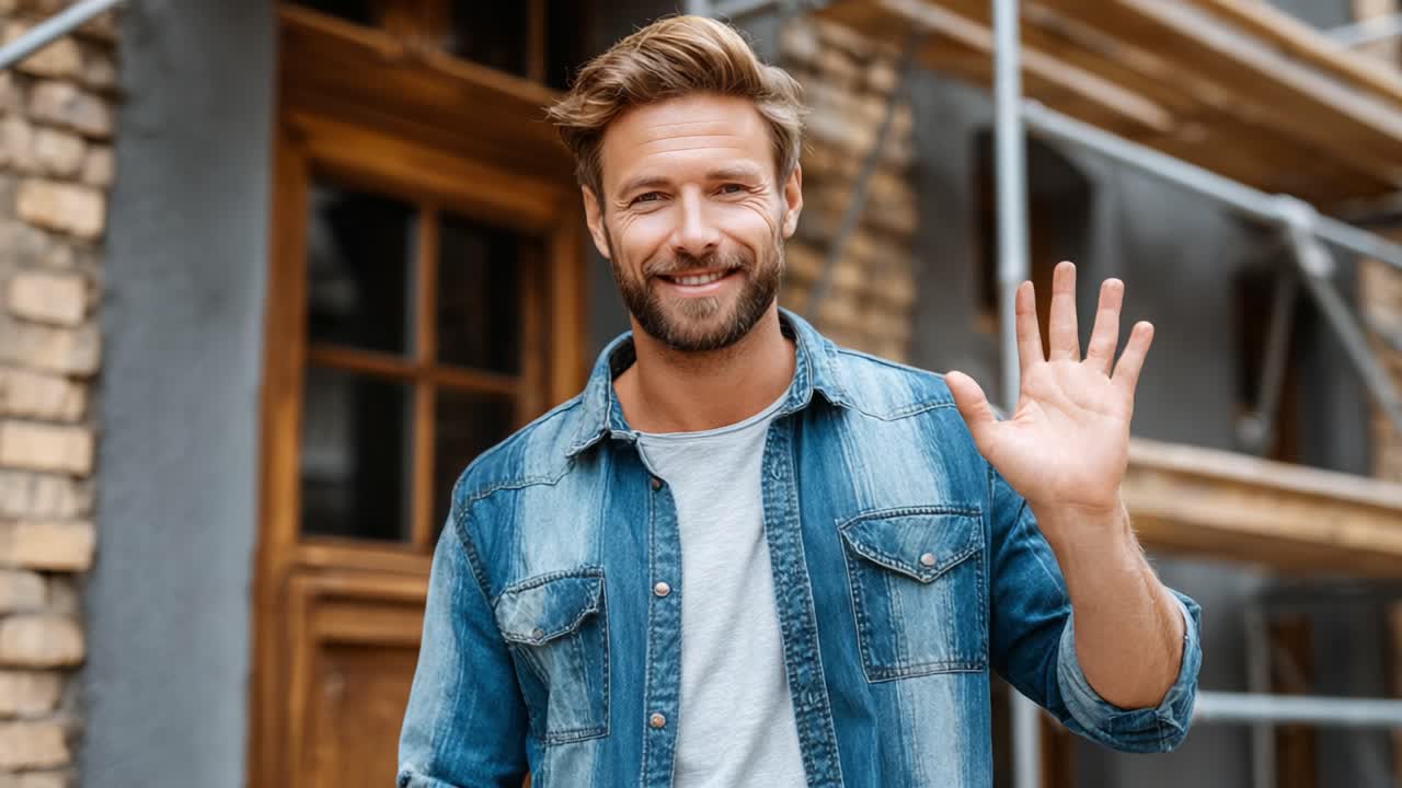 A smiling man with a stylish hairstyle greets the camera with a friendly wave, standing in front of a rustic building under renovation, showcasing a positive atmosphere