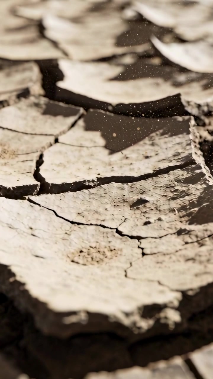 Video verticale: Telecamera che avanza mostrando un frammento di fango screpolato su terreno asciutto, studiando la texture e la polvere che si solleva.