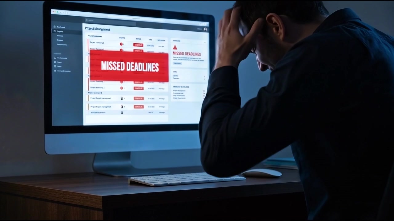 Stressed Businessman Frustrated by Missed Deadlines on Computer Screen