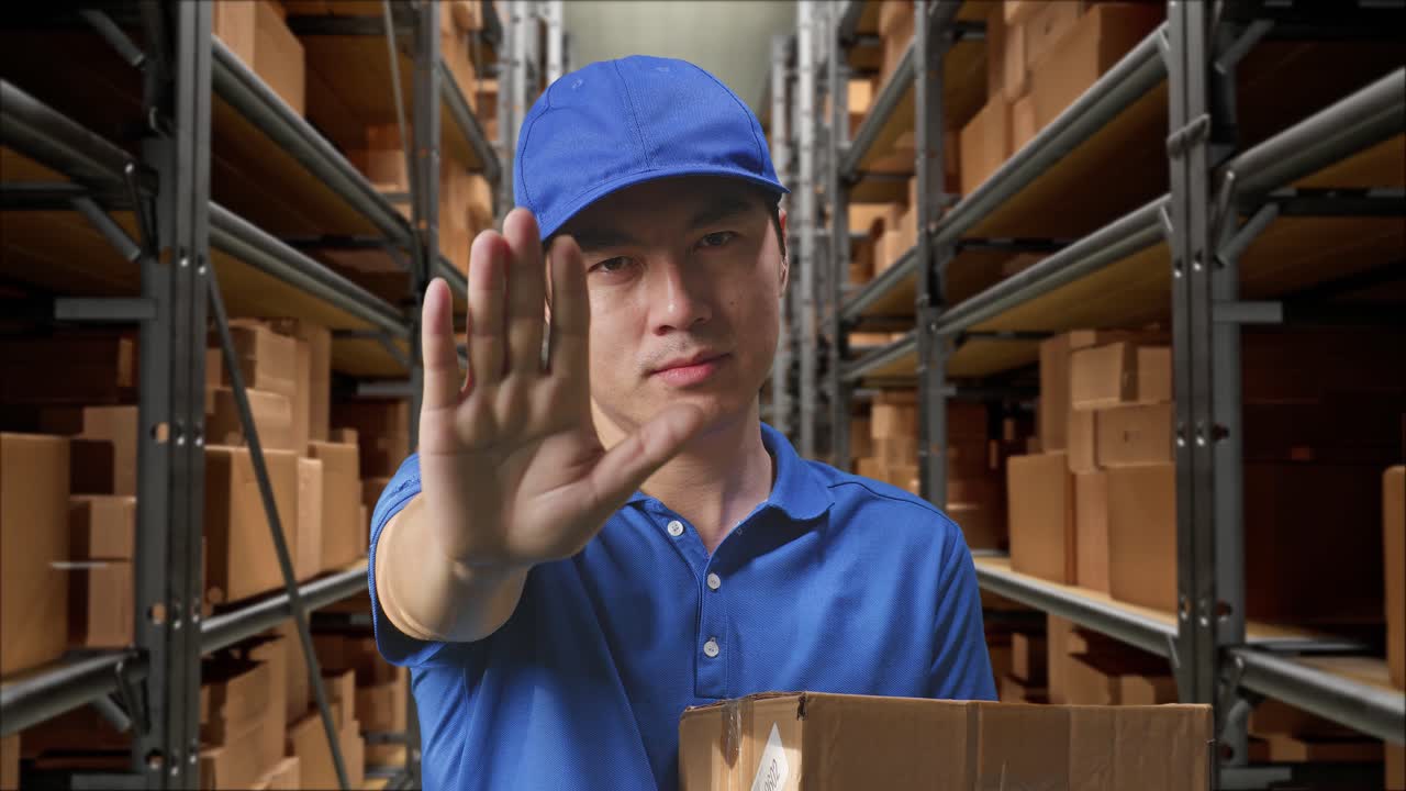 primer plano de un mensajero masculino asiático en uniforme azul haciendo un gesto de parada y sacudiendo la cabeza mientras entrega una caja en el almacén
