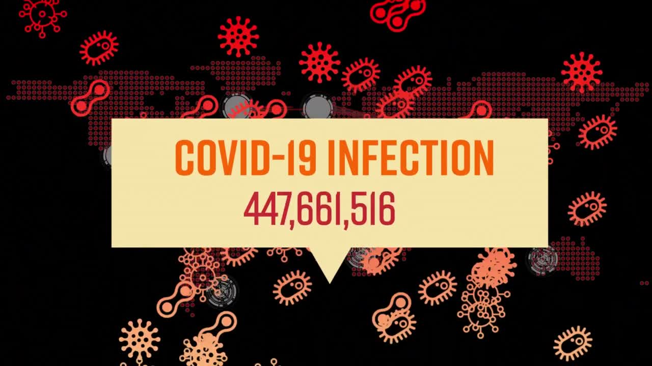 세계 지도 위의 코로나19 텍스트 애니메이션